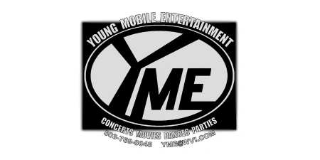 Young Mobile Entertainment Logo - black square with light grey oval - YME inside oval in black
